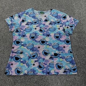 Sesame Street Shirt Womens L Blue Floral Cookie Monster Medical Nurse Scrub Top